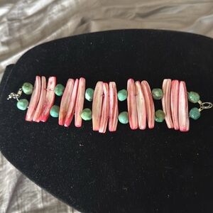Artisan Pink dyed abalone shells and turquoise colored Bead Bracelet reversible